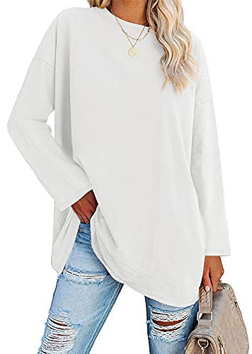 Ebifin Oversized T Shirts Women Long Tops Long Sleeve T Shirt Crewneck Tunic Tops Bluse Sweatshirts.White.XXL
