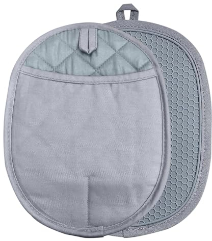 Silicone Pot Holders with Pockets Set of 2, Anti-Slip Ribbed Potholders for Kitchens, Heat & Water Resistant Hot Pads and Oven Mitts for Cooking Baking 9.8 x 7.5 Inch (Grey)