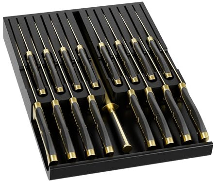 Domax Bamboo In-drawer Knife Block - Knife Drawer Organizer Insert Large Handle Steak Knife Holder, Kitchen Drawer Knife Organizer Fits for 16 knives and 1 Sharpening Steel (Not Included), Black