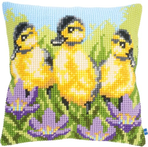 Vervaco Cross Stitch Cushion Complete Set Ducklings Decoration Manual Embroidery Kit Adult Creative Art Gift DIY Cross Stitch Embroidery ca. 40 x 40 cm, Cotton, Multi-Coloured