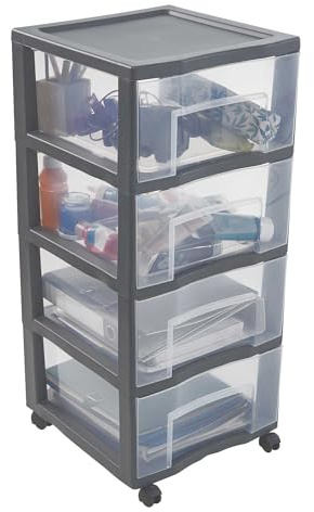SUNDIS Tag Tower, schubladenbox aus Kunststoff, 4 Schubladen für A4-Papier | XL, Mit Rädern, Höhe 83,5 cm, leicht zu verschieben, ideal für Büro, Unterricht, Unterlagen
