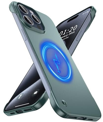 GRECAZO Magnetic Ultra Thin Frosted Designed for iPhone 15 Pro Max Frameless Case 6.7 inch [Compatible with MagSafe] Slim Minimalist Lightweight Matte Hard Cover Protective Borderless Case- Dark Green
