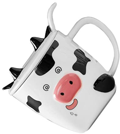 LIFKOME Juego de Tazas de Cerámica de con Forma de Vaca Tazas Portátiles Tazas Estéticas Tapa de Taza Cuchara