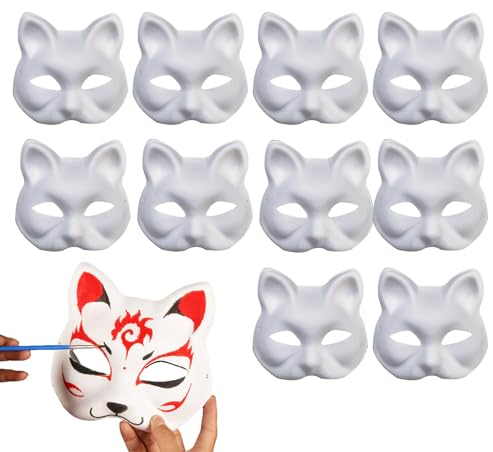 10 Stück Katzenmasken zum Bemalen, Tiermasken zum Selbermachen, weiße Halbmasken für Maskerade, Handbemalte Persönlichkeit Maskerade-Papiermasken Tier-Cosplay Für Halloween, Tanzparty, Festival