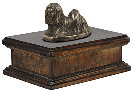 Art-Dog Custom Dog Mama Sitzende Statue Gedenkurne - Handgefertigte kaltgegossene Bronze auf Birkensockel - Urne für die Asche von Hunden - 24,5x29x21cm - 5l - Lhasa Apso