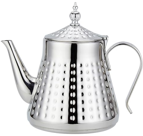 SANQIAHOME 1,2 l (40 oz) Teekanne mit Edelstahlhammermuster, mit Siebeinsatz, mit Teesiebgriff, loser Blattabdeckung, Silber