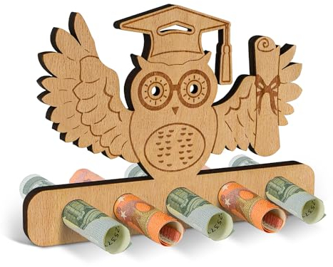 Giftota Eule Abschluss Geldgeschenk Holz, Glücksbringer, Bestandene Prüfung Geschenk zum Bachelor, Abitur 2025, Master, Doktor