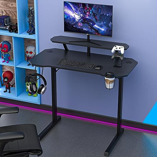 ARunThLana 100 x 55 cm Mesa Gaming, Escritorio Gaming de Fibra de Carbono Ergonómicas, Escritorio Gamer con Portavasos y Gancho para Auriculares, Negro