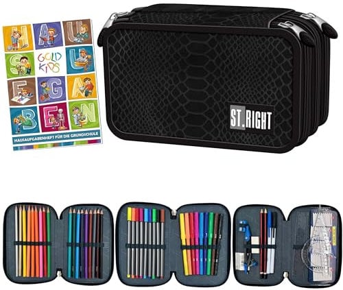Goldkids - Federmäppchen 3 Fächer - Mäppchen für Mädchen und Jungen - Federmappe 3-Fach Federtasche Gefüllte Schüleretui 46-teilig - Schulmäppchen und Hausaufgabenheft