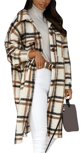 YMING Manteau en Flanelle À Carreaux Femmes Chemise Longue À Boutons avec Poches À Rabat Chameau XXL