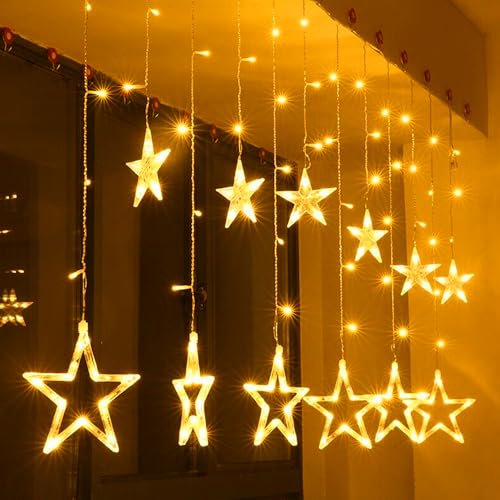 BellaAchtung Sterne Lichterkette Vorhang 2.3M 138 LED Lichtervorhang Weihnachten Licht mit Stecker Warmweiß LED Sternevorhang Fenster innen außen dekoration