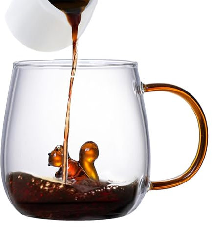 -Tier-Kaffeetasse, süßes Eichhörnchen innen, Borosilikatglas, hitzebeständig, Glasbecher mit Griff, 380 ml, klare Glas-Kaffeetasse, Neuheit -Tier-Trinkbecher für Kaffee, Tee, Milch, Whisky