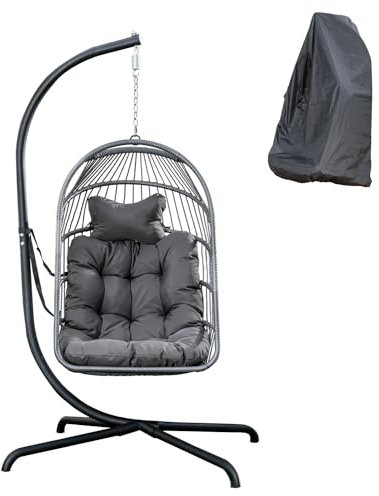 Mojia Outdoor Egg Chair With Stand, Patio PE Wicker Hanging Hammock Chair With UV Resistant Cushion and Chair Cover for Garden, Backyards, Poolside, Bedrooms, 190KG Weight Capacity (Dark Gray)