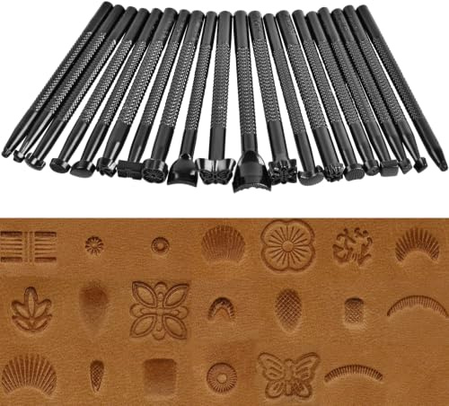 KEWAYO 20 Stück Leder Prägestempel Set, Schwarze Leder Stempel Werkzeuge | DIY Leder Punziereisen Set Verschiedene Formen Stempel Set zur kunstvollen Bearbeitung von Leder
