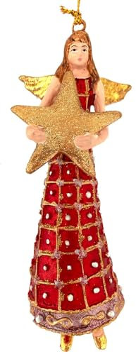 Engel groß Weihnachten Baumschmuck Figur Deko Hänger Christbaumschmuck Ornament 15 cm (rot mit kariertem Kleid und Stern)