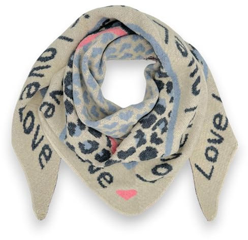 Ziona Damenschal Winter Dreiecksschal weich XXL Winterschal 180 x 70 cm Leo Herz Print (Beige-Blau (Love))