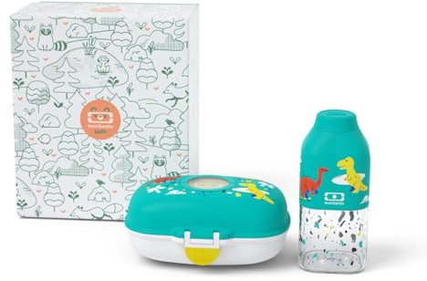 MONBENTO - Coffret Cadeau Enfant Gram bleu Dino - Boite Goûter Personnalisable 600 ml Gram & Gourde Plastique Enfant 330 ml Positive S - Idée Cadeau Enfant Parfaite pour Noël, Anniversaire - Dinosaure