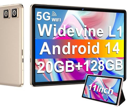 Tablette Android 14 avec Widevine L1, 13MP+5MP, 8000 mAh + Charge Rapide 18 W, Tablette Tactile 11 Pouces avec 20 Go RAM + 128 Go ROM (Extensible 1 To), 5G Wi-Fi, GPS, Octa-Core 2.0 GHz, Face ID, Or