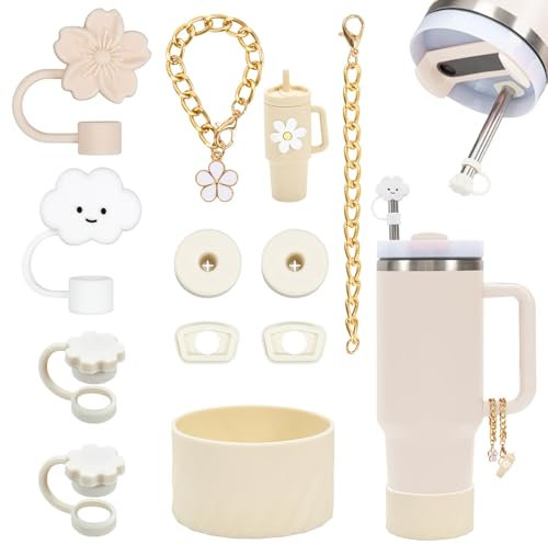 11 Stück Zubehör für Stanley Cup, Enthält 6 Deckel Auslaufsicher, 2 Strohhalm Abdeckung, 2 Anhänger, 1 Dauerhaft Silikonhülle Stanley Cup Accessories für 1,200 ml und 850 ml (beige)
