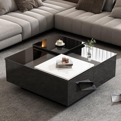 BTM Table Basse Carrée, Table Basse Salon Moderne avec 2 Tiroirs, avec Plateau Coulissant, Conception de Couleur Cousue, Brillant, Charge de 30kg, 75x75x33.5cm, Noir et Blanc