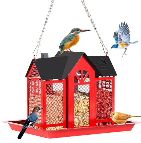 GOYOXOKY Aufhängen Vogelfutterstation, Metall Wildvogel-Futterspender, Große Kapazität Futterstelle, Vogelvilla für Garten Hängende Vogelhäuschen für Gärten, Terrassen, Decks und Rasenflächen, Rot
