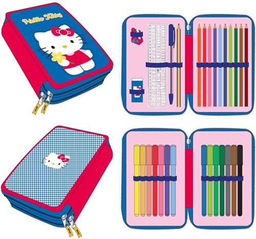 CERDÁ LIFE'S LITTLE MOMENTS Federmäppchen mit Hello Kitty Zubehör, mit Bleistiften, Filzstiften und Kugelschreibern, Dreifach-Schulmäppchen für Kinder, mit Sanri-Design