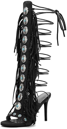 FancyQueen Gladiator Heels Women Cowgirl Fringe Heels Brown Size 9 | Lace up Fringe Heels,Western Cowgirl Stiletto Heels,Pointed Open Toe,Homecoming Party & Concert Outfits