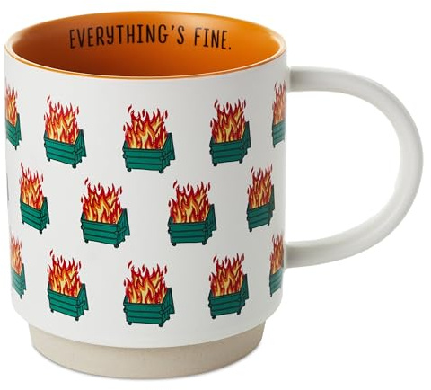 Hallmark Funny Mug, Shoebox Dumpster Fires Design, Everything's Fine, Novelty Gift, Funny Mugs for Men, Funny Mugs for Women, Green, Red, White