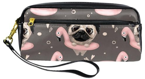 Federmäppchen, Mops in Flamingo, Schwimmring, Stifttasche aus PU-Leder, Schreibwarentasche mit Reißverschluss, für Jungen und Mädchen, Schul- und Bürobedarf