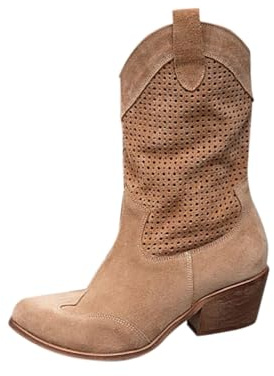 Generisch Stivaletti da cowboy estivi da donna in pelle scamosciata, motivo traforato, slip-on, marrone, 37 EU