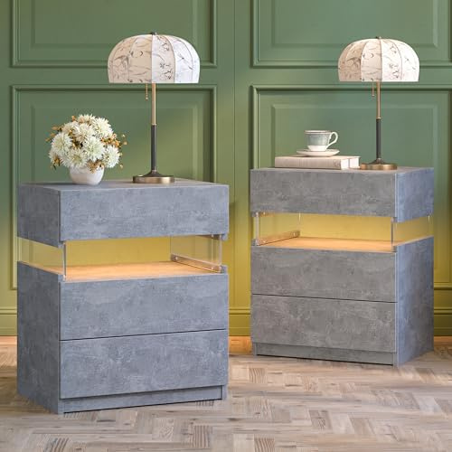 Cubehom LED Bedside Tables Set of 2, Grey Wooden Nightstands with 3 Drawers, Modern LED Bedside Cabinets for Bedroom Storage
