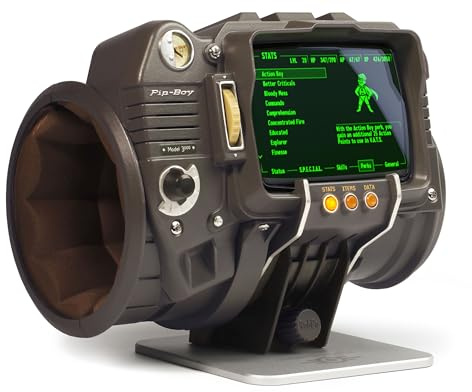 The Wand Company Pip-Boy 3000 Fallout 3 New Vegas Druckguss-Nachbildung, FM-Radio und Alarm, LCD-Bildschirm, mit Memory-Schaum-Manschette und Ständer, Offiziell lizenziert von Bethesda