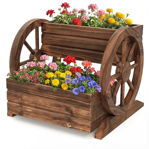 COSTWAY Maceta de Madera de 2 Niveles, Jardinera Decorativa con Agujeros de Drenaje y Ruedas para Cultivar Flores, Verduras y Hierbas, Macetero Grande para Exterior e Interior, Patio, Balcón o Jardín