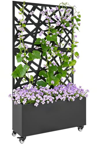 Outsunny Jardinière avec Treillis Découpes Irrégulières 90x30x160cm Noir | Bac à Fleurs, Lit Surélevé avec Brise-Vue et Roulettes Verrouillables, pour Plantes Grimpantes, Légumes, Métal