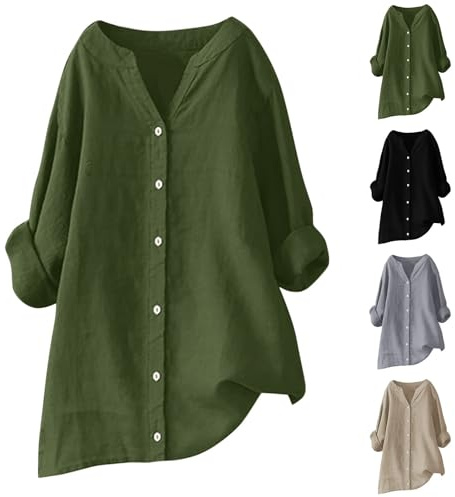Women's Linen Longline Tops UK, Summer Cotton Linen Shirt Button Down Ladies Blouses V Neck Long Tunic TopsLoose Fit Roll Up Long Sleeve T-Shirt Oversized Tshirt Lightweight Blouse Clothing