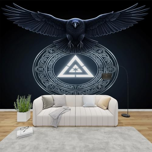 AevuCub Tapete Rabe, Fototapete Viking Raben Schlafzimmer, Tapeten Vliestapete Nordische Mythologie Wohnzimmer, Wandtapete Kinderzimmer Nordisch Mustertapete Vlies 350 x 256 cm (B x H)
