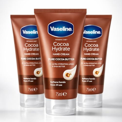 3 x 75ML Vaseline Intensive Care COCOA Hydrate Hand Cream – Moisturiser for Dry Hands – With Cocoa Butter, Shea Butter & Vaseline Jelly – Fast Absorbing, Non-Greasy Hand Cream