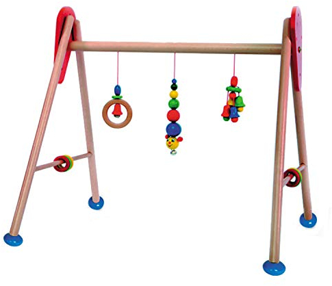 Hess Holzspielzeug 13321 - Spielgerät aus Holz, Serie Raupe, für Babys, handgefertigter Spielbogen mit farbenfrohen Figuren und Rasseln, ca. 62 x 55 x 50 cm