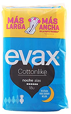 Evax Cottonlike Noche Alas 18 Und. | Baumwollweiche Textur, bis zu 100 % saubere Nächte, diskreter Schutz mit Flügeln