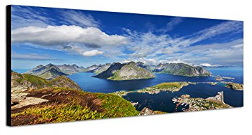 Wandbild auf Leinwand als Panorama in 150x50cm Norwegen Lofoten Berge Wasser Wolkenschleier