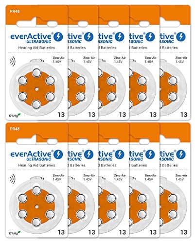 everActive 13, 60 Stück, Hörgerätebatterien, hohe Leistung, Zink-Luft-Batterien, 10 Blisterkarten, 4-jährige Haltbarkeit, orange, Ultrasonic PR48