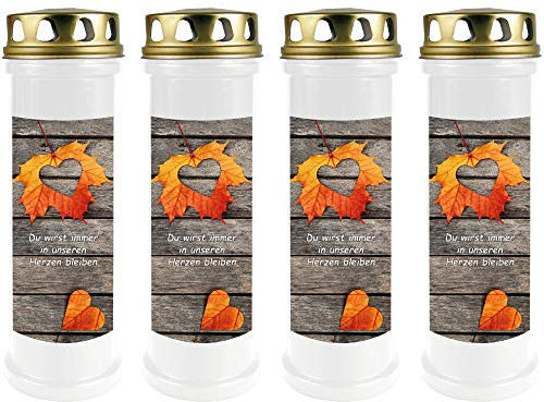 HScandle Grabkerze - 4er Pack - (Weiß) Grablicht ca. 4 Tage Brenndauer je Kerze - Motiv: Laub Herz