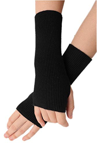 Prettystern Gerippte Damen 100% Kaschmir-Wolle Fingerlose Pulswärmer Hand-Stulpen Cashmere Halb-Handschuhe Schwarz