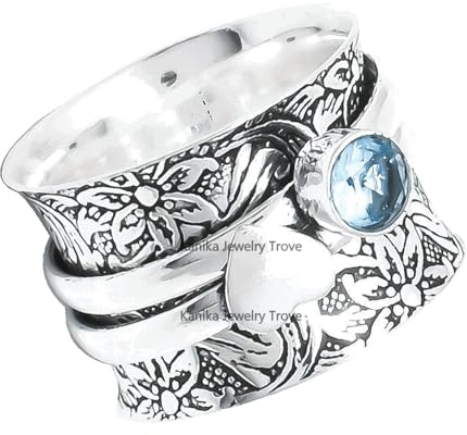 Blumenstruktur Spinner Ring Blauer Topas Ring, Ring aus massivem 925er Sterlingsilber, Herz-Design-Ring, Spinner-Ring, oxidierter Ring, Statement-Ring für Frauengeschenk (Blau-Topas, Größe 7)