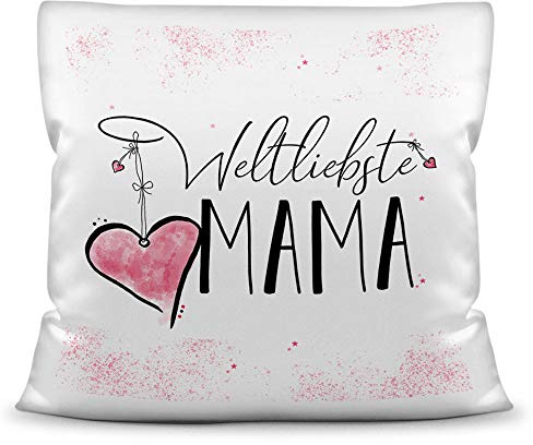 Tassendruck Familie-Kissen mit Spruch für die Weltliebste Mama - Kissenbezug inklusive Kissen/Verwandte/Geschenk-Idee/Liebling/Kinder/Kissen Weiss Flauschig