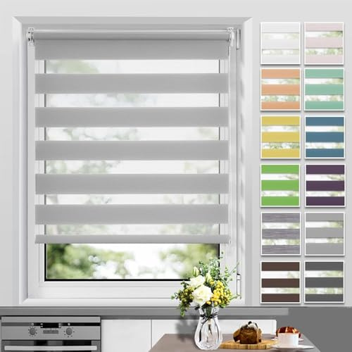 Allesin Doppelrollo Klemmfix ohne Bohren & mit Bohren, Duo Rollos für Fenster und Tür, Klemmrollo Fensterrollo lichtdurchlässig Sichtschutz, B50 x H130cm (Stoffbreite 50cm) Grau