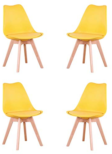 GrandCA HOME 4er-Set Esszimmerstühle, Bürostühle mit Beinen aus massivem Buchenholz, gepolsterte Stühle im Retro-Design, Küchenstühle aus Holz, Gelb