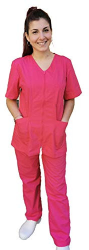 Uniforme completo de trabajo para mujer sanitaria con cremallera, casaca y pantalón, fucsia, M