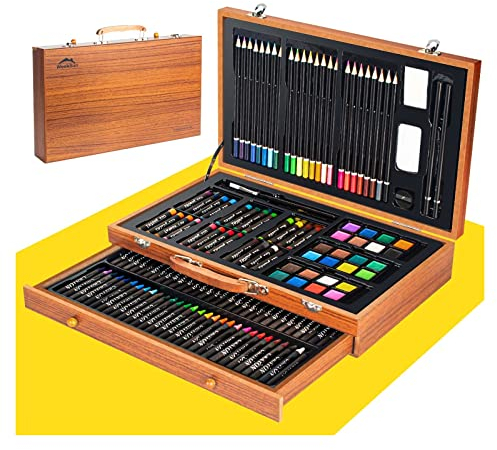 WEEKSUN Malset 141 Teiliges, Holz Malkoffer für Kinder, Deluxe Kunst Set Zeichenset mit Buntstiften, Ölpastellkreiden, Buntstiften, Skizzenstiften, Aquarellkuchen, Pinsel, Spitzer, Radiergummi