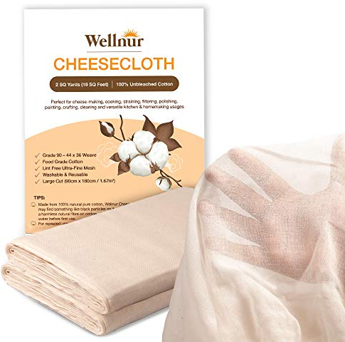 WELLNUR Cheesecloth - Muslin Cloths for Cooking, 18 Sq. Ft, 2 Yards - Grade 90 Ultra-Fine, 100% Unbleached Cotton - Reusable, Lint-Free Cheese Cloths for Straining, Butter, and Baking